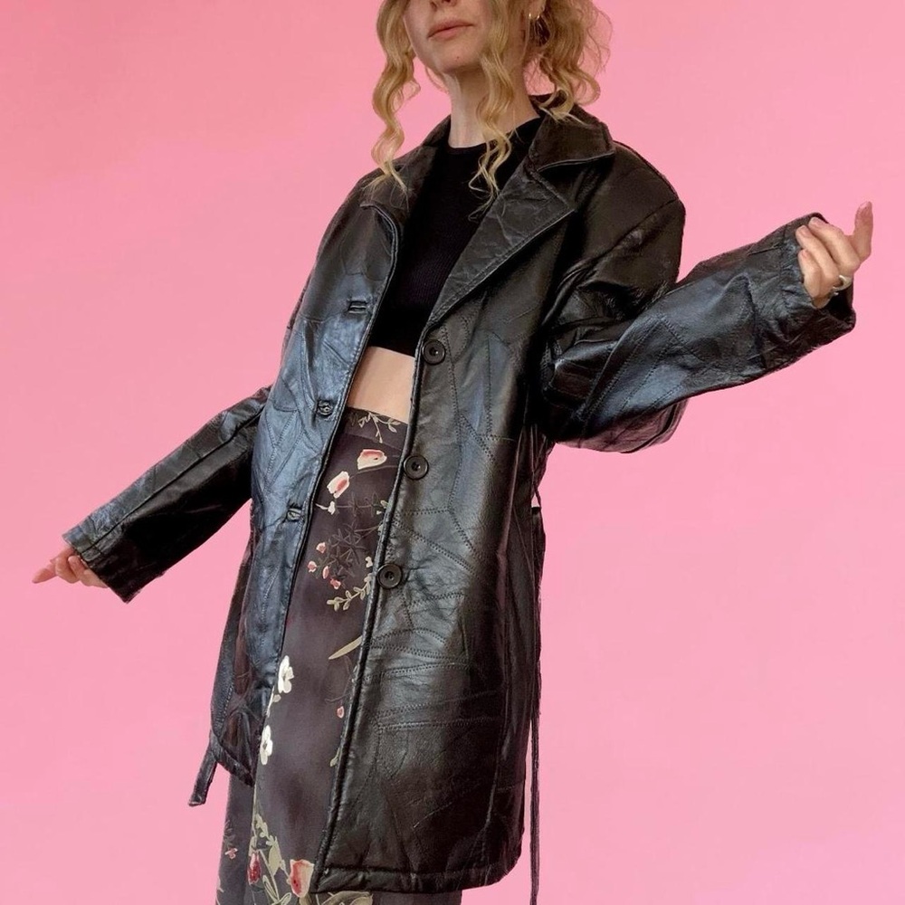 Black Patchwork 90s Leather Jacket - image 1